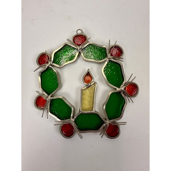 4" Holly Wreath Stained Glass Sun Catcher Christmas Holiday Vintage Hand Made - Picture 4 of 7